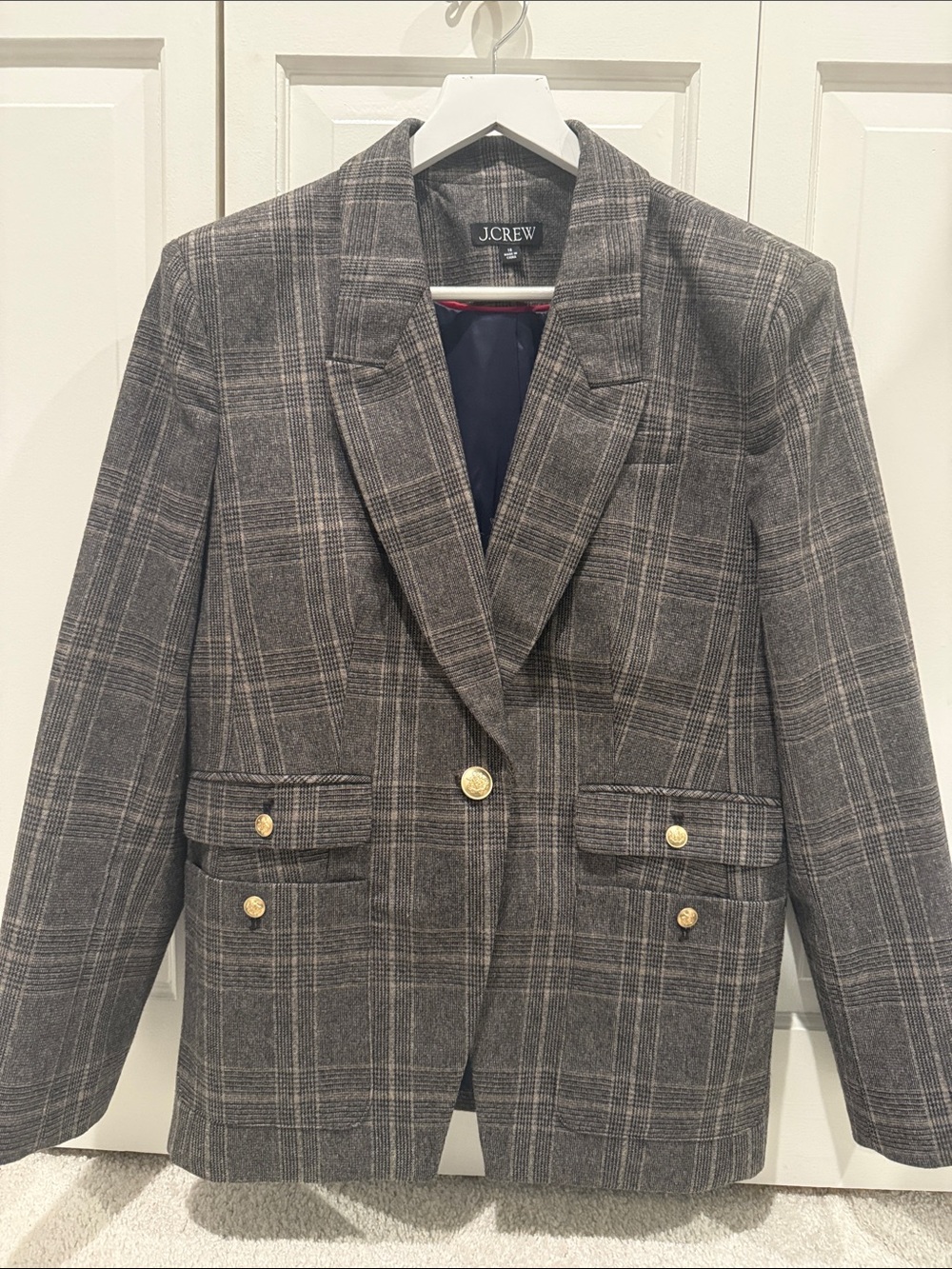 J. Crew Gray Plaid Wool-Blend Blazer with Gold Buttons sx 10